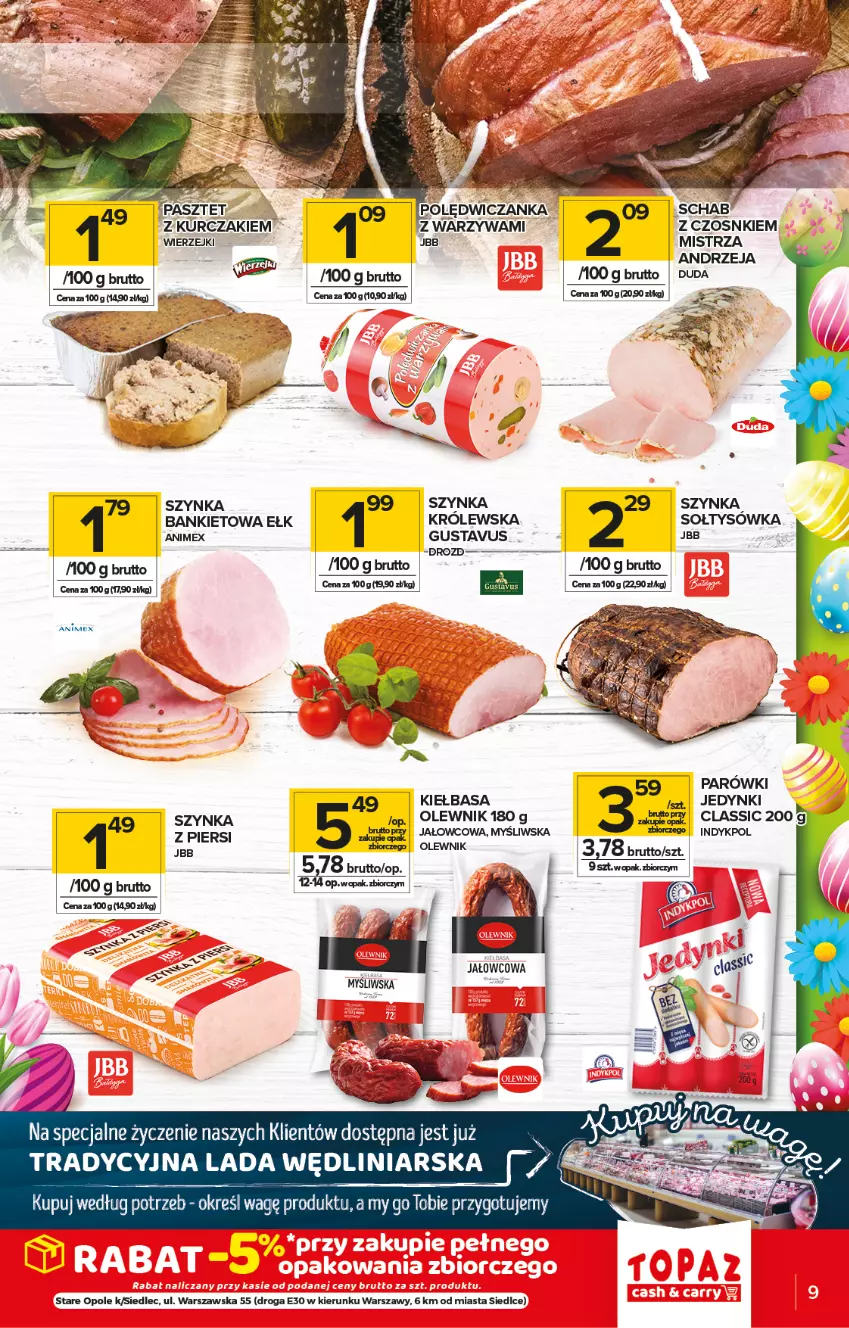 Gazetka promocyjna Topaz - Gazetka - ważna 01.04 do 07.04.2021 - strona 9 - produkty: Duda, Kiełbasa, Kurczak, Olewnik, Parówki, Pasztet, Szynka, Top