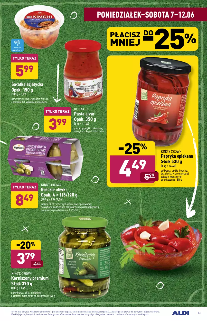 Gazetka promocyjna Aldi - ważna 07.06 do 12.06.2021 - strona 13 - produkty: Edam, Fa, King’s Crown, Korniszony, Oliwki, Papryka, Por, Sałat, Sałatka, Sezam, Tera