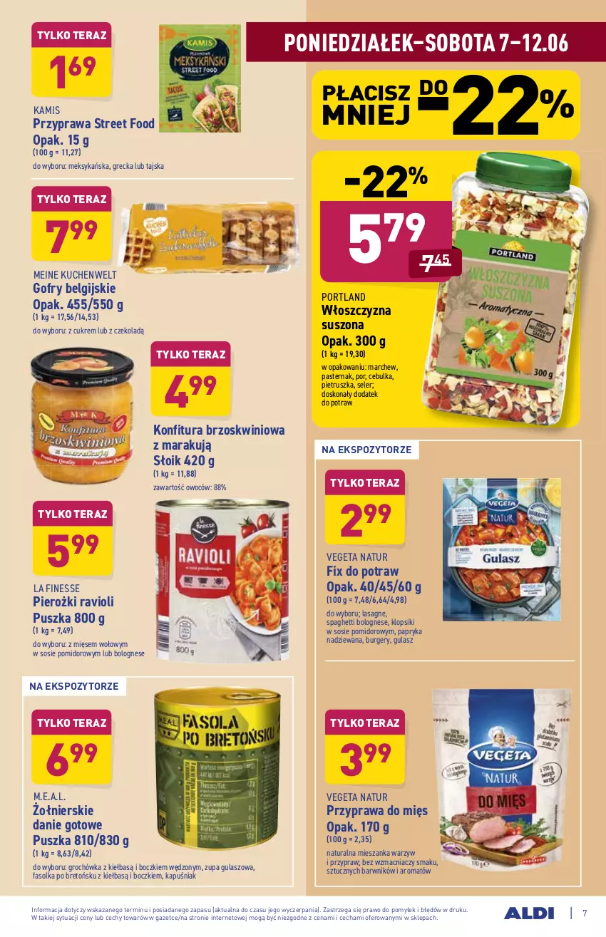 Gazetka promocyjna Aldi - ważna 07.06 do 12.06.2021 - strona 7 - produkty: Burger, Danie gotowe, Fa, Gofry, Groch, Kamis, Klopsiki, Konfitura, Lasagne, LG, Mieszanka warzyw, Papryka, Pietruszka, Por, Sos, Spaghetti, Tera, Vegeta, Vegeta Natur, Zupa