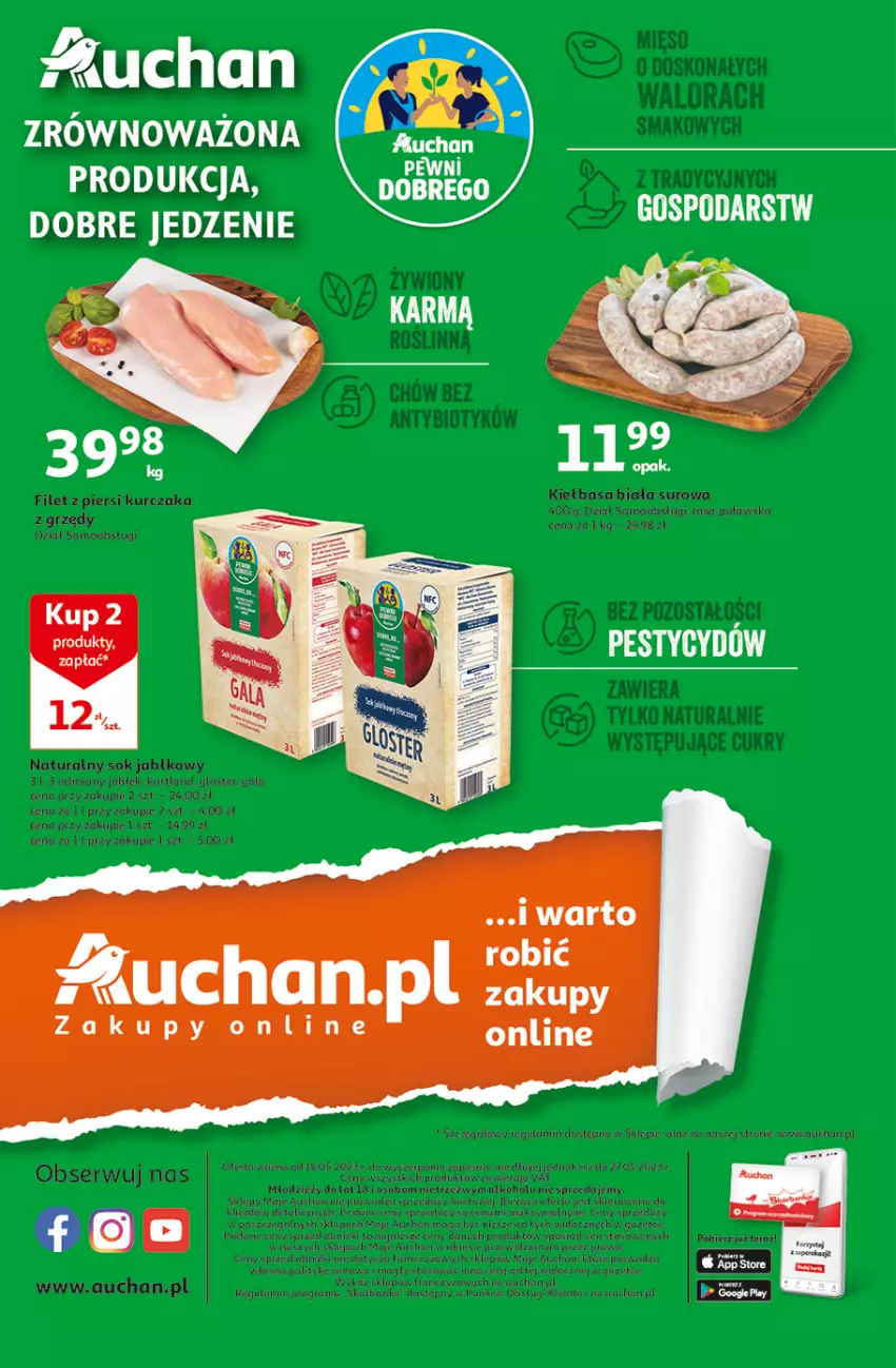 Gazetka promocyjna Auchan - Gazetka Wielkie majowe odkrycia cenowe część #4 Moje Auchan - ważna 18.05 do 27.05.2023 - strona 4 - produkty: Filet z piersi kurczaka, Gra, Kiełbasa, Kiełbasa biała, Kurczak, Mięso, Saga, Ser, Sok, Sok jabłkowy, Tera