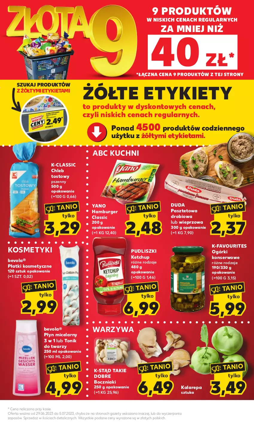 Gazetka promocyjna Kaufland - Mocny Start - ważna 03.07 do 05.07.2023 - strona 9 - produkty: Boczniak, Burger, Chleb, Chleb tostowy, Duda, Fa, Hamburger, Ketchup, Ogórki konserwowe, Pasztet, Płatki kosmetyczne, Płyn micelarny, Pudliszki, Ser, Tonik, Tonik do twarzy, Warzywa