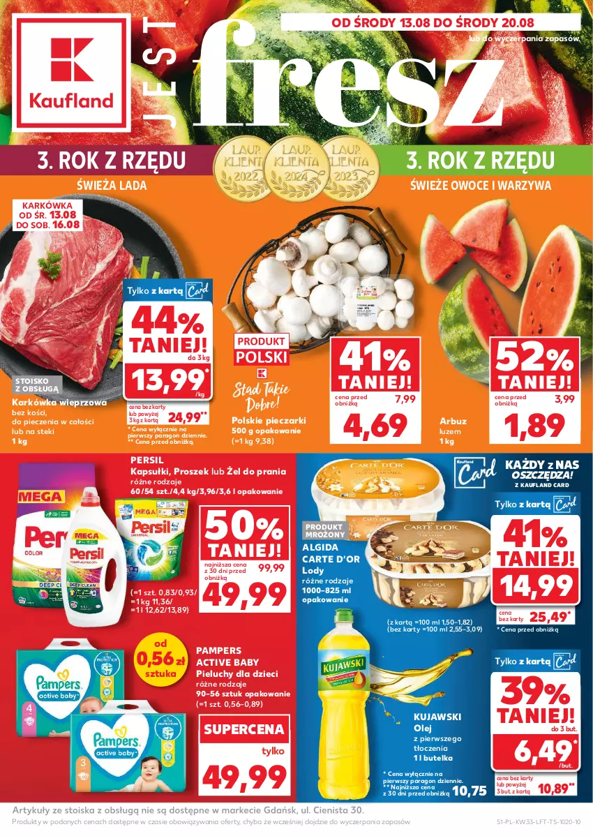 Gazetka promocyjna Kaufland - Gazetka tygodnia - ważna 13.08 do 20.08.2025 - strona 1 - produkty: Algida, Arbuz, Dzieci, Karkówka wieprzowa, Kujawski, LG, Lody, Olej, Owoce, Pampers, Persil, Piec, Pieluchy, Stek, Warzywa