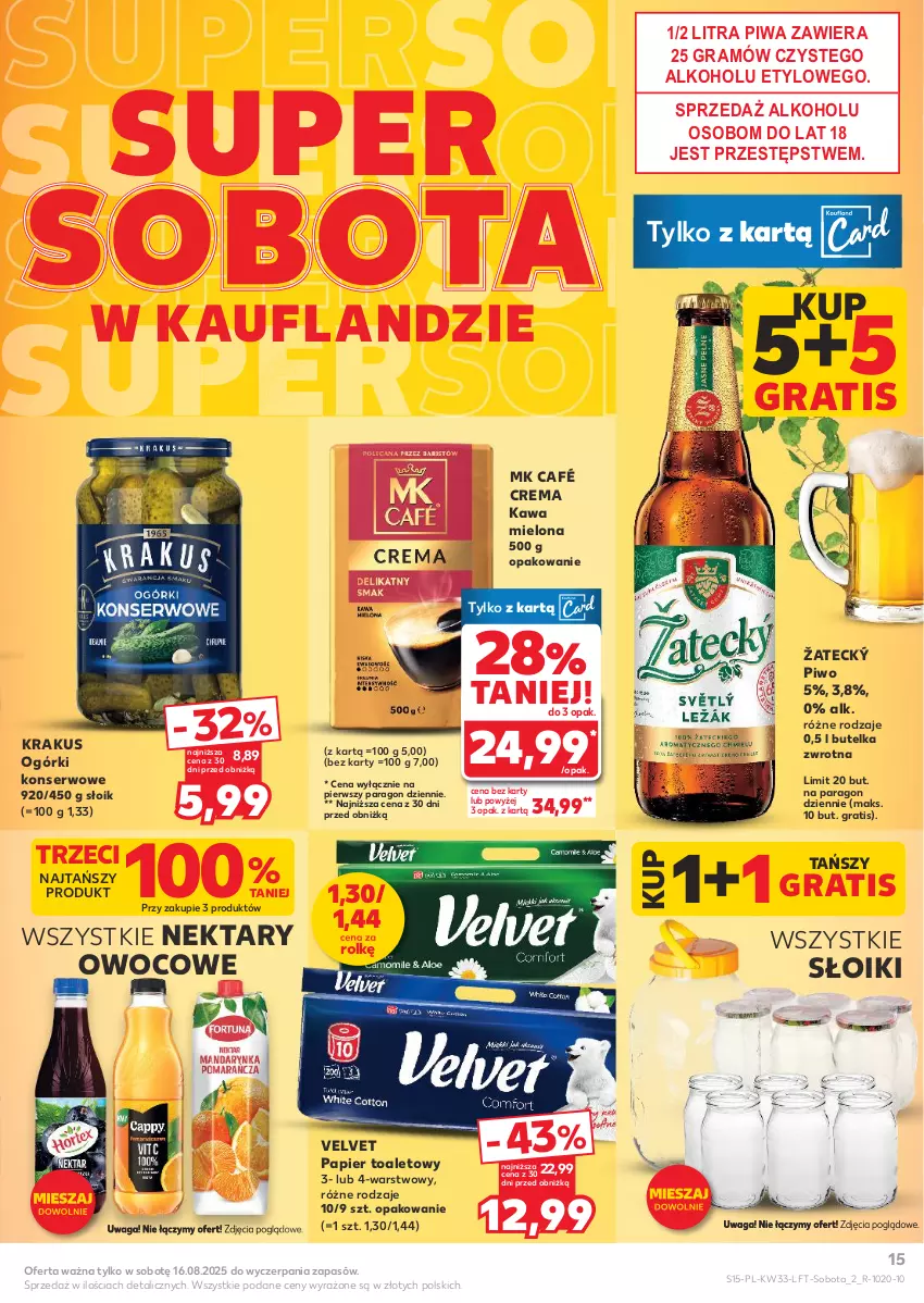 Gazetka promocyjna Kaufland - Gazetka tygodnia - ważna 13.08 do 20.08.2025 - strona 15 - produkty: Gra, Kawa, Kawa mielona, Krakus, Nektar, Ogórki konserwowe, Papier, Papier toaletowy, Piwa, Piwo, Ser, Velvet, Waga