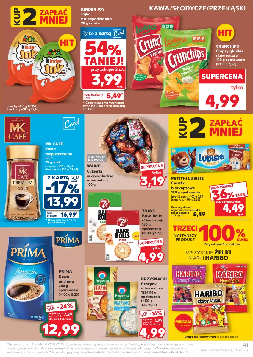 Gazetka promocyjna Kaufland - Gazetka tygodnia - ważna 13.08 do 20.08.2025 - strona 41 - produkty: Bake Rolls, Chipsy, Ciastka, Crunchips, Cukier, Cukierki, Dres, Haribo, Kawa, Kawa mielona, Kawa rozpuszczalna, Kinder, Lubisie, Prima, Przysnacki, Waga, Wawel