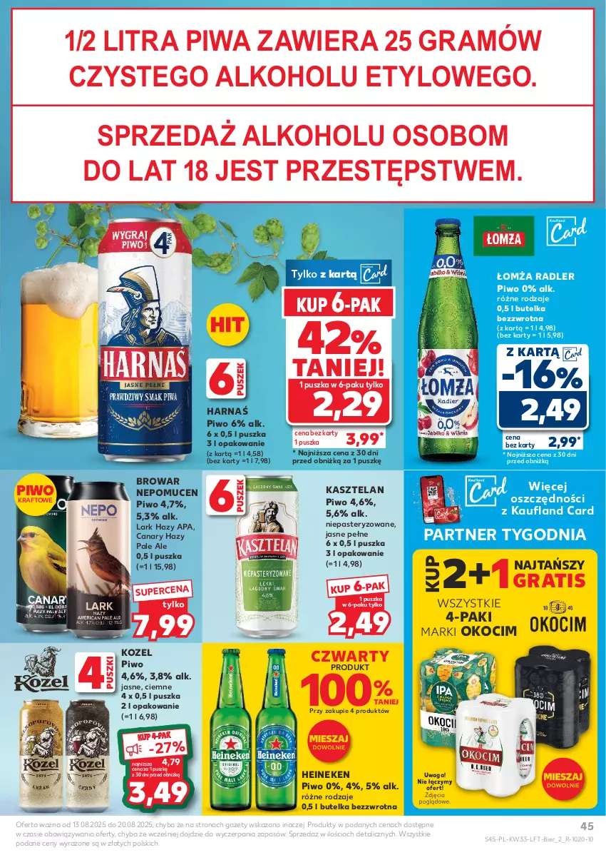 Gazetka promocyjna Kaufland - Gazetka tygodnia - ważna 13.08 do 20.08.2025 - strona 45 - produkty: Gra, Harnaś, Heineken, Kasztelan, Koc, Kozel, Okocim, Piwa, Piwo, Radler, Waga