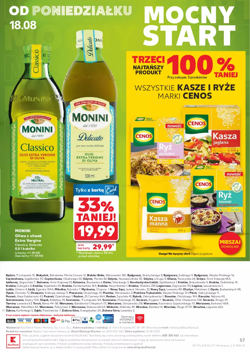 Gazetka promocyjna Kaufland - Gazetka tygodnia - ważna 13.08 do 20.08.2025 - strona 57 - produkty: Cenos, Dres, Fa, Gin, Lion, Monini, Monte, Oliwa, Oliwa z oliwek, Orka, Piast, Ryż, Sos, Telefon, Top, Waga