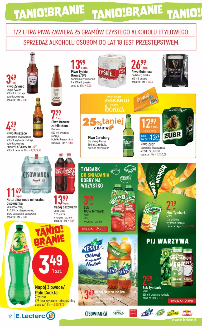 Gazetka promocyjna E Leclerc - ważna 28.02 do 11.03.2023 - strona 12 - produkty: Carlsberg, Cisowianka, Coca-Cola, Książęce, Mus, Napój, Napój gazowany, Owoce, Piwo, Por, Ser, Sok, Tymbark, Tyskie, Woda, Woda mineralna