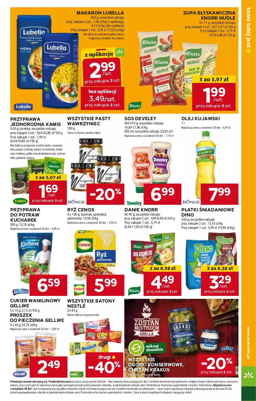 Gazetka promocyjna Stokrotka - Supermarket - ważna 30.04 do 08.05.2024 - strona 17 - produkty: Baton, Bell, Bella, Cenos, Chrzan, Cukier, Cukier wanilinowy, Danio, Kamis, Knorr, Krakus, Kucharek, Kujawski, Lubella, Makaron, Nestlé, Ogórki konserwowe, Olej, Piec, Proszek do pieczenia, Przyprawa do potraw, Ryż, Ser, Sos, Zupa