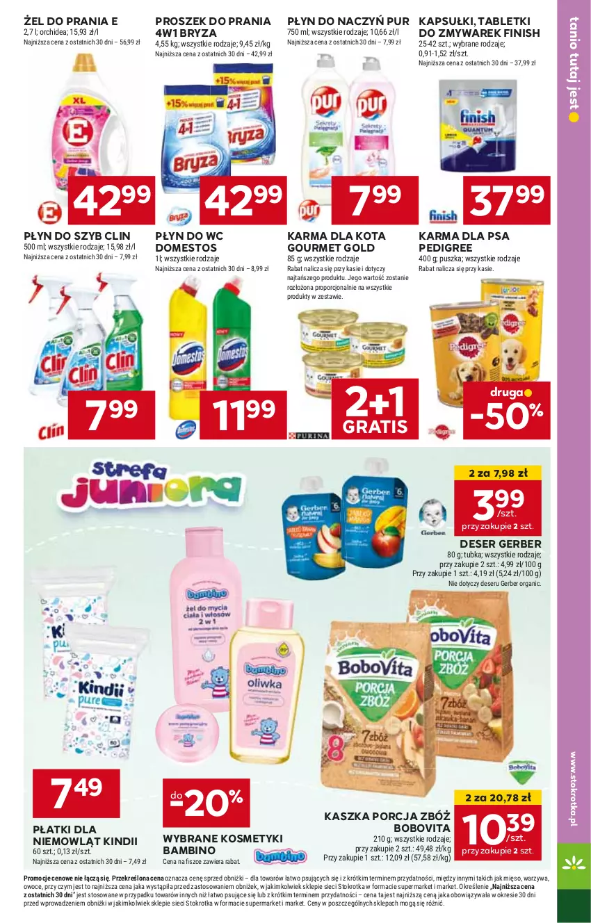 Gazetka promocyjna Stokrotka - Supermarket - ważna 30.04 do 08.05.2024 - strona 21 - produkty: BoboVita, Bryza, Clin, Deser, Domestos, Finish, Gerber, Gourmet Gold, Gra, Kindii, Pedigree, Płyn do szyb, Płyn do wc, Por, Proszek do prania, Pur, Ser, Tablet