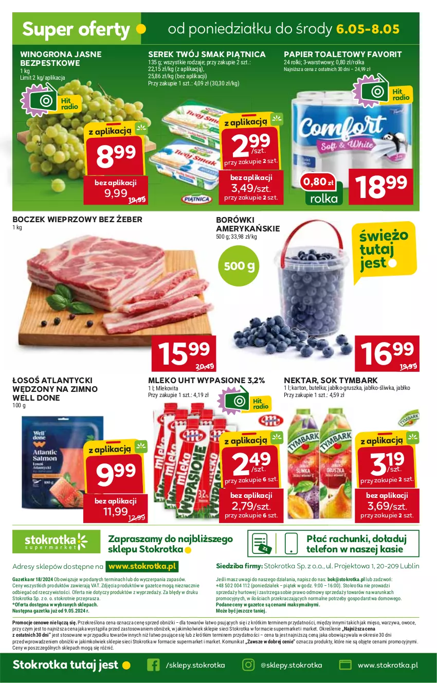 Gazetka promocyjna Stokrotka - Supermarket - ważna 30.04 do 08.05.2024 - strona 25 - produkty: Boczek, Boczek wieprzowy, Dres, Fa, JBL, Mleko, Nektar, Papier, Papier toaletowy, Piątnica, Ser, Serek, Sok, Telefon, Twój Smak, Tymbark, Wino, Winogrona