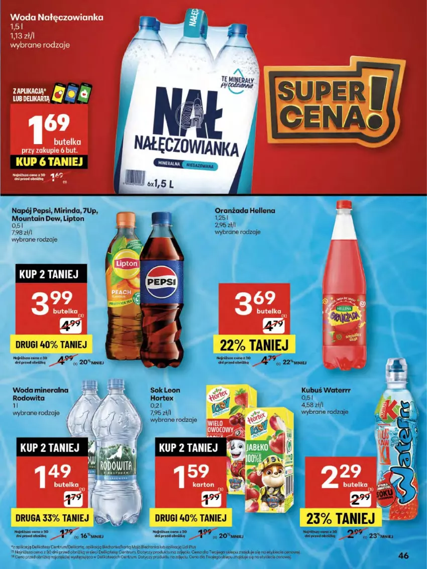 Gazetka promocyjna Delikatesy Centrum - Franczyza DC32 Czwartek - ważna 07.08 do 13.08.2025 - strona 46 - produkty: 7up, Hellena, Hortex, Kubuś, Kubuś Waterrr, Leon, Lipton, Mirinda, Nałęczowianka, Napój, Oranżada, Pepsi, Rum, Sok, Woda, Woda mineralna