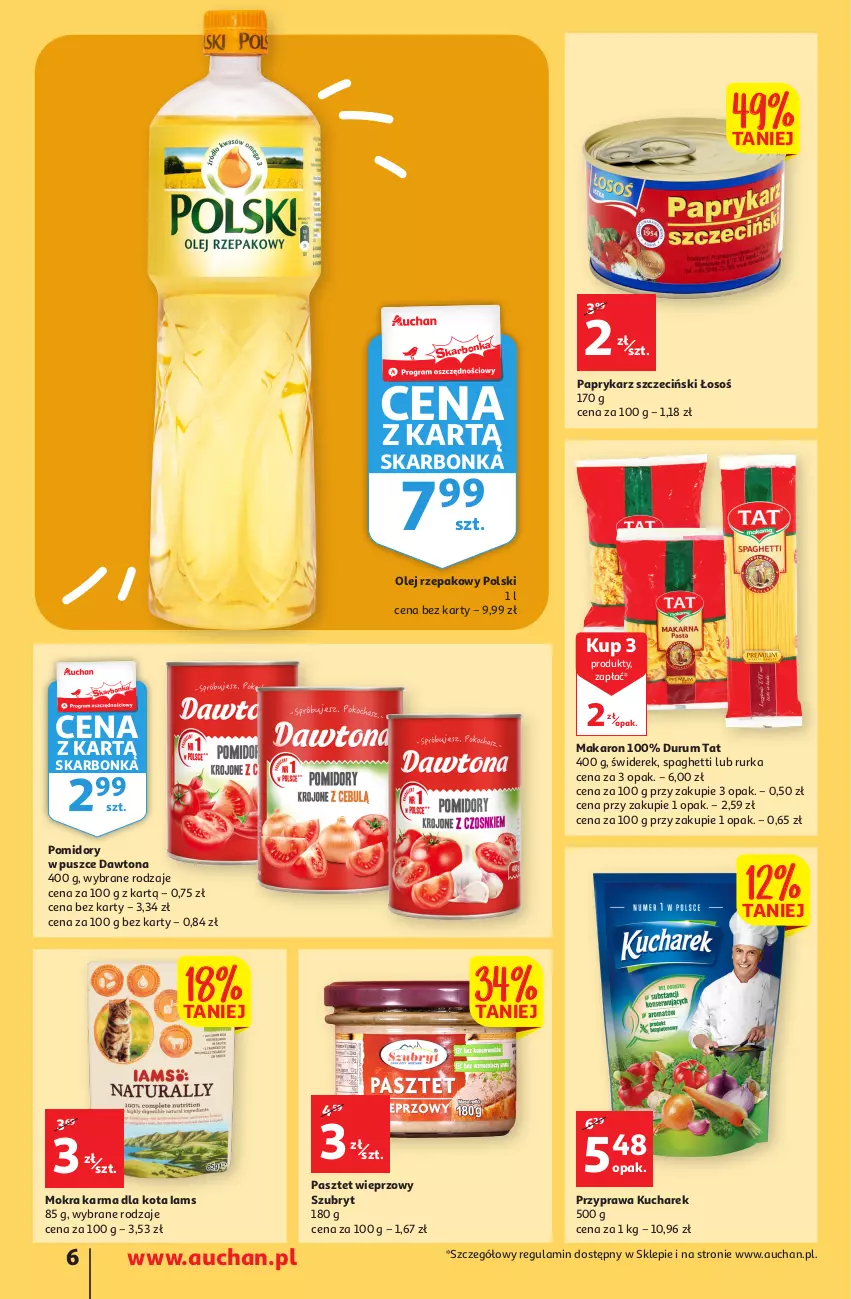 Gazetka promocyjna Auchan - Gazetka Rewelacyjnie małe ceny Auchan Supermarket - ważna 03.01 do 11.01.2023 - strona 6 - produkty: Dawtona, Iams, Kucharek, Makaron, Mokra karma, Olej, Olej rzepakowy, Papryka, Paprykarz, Paprykarz szczeciński, Pasztet, Pomidory, Rum, Spaghetti, Szubryt