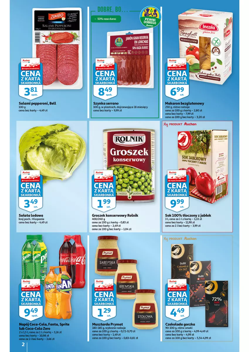 Gazetka promocyjna Auchan - Skarbonka #11 - ważna 17.03 do 23.03.2022 - strona 2 - produkty: Bell, Coca-Cola, Czekolada, Czekolada gorzka, Fa, Fanta, Gra, Groszek, Makaron, Mus, Musztarda, Napój, Prymat, Rolnik, Salami, Sałat, Sałata lodowa, Ser, Sok, Sprite, Szynka