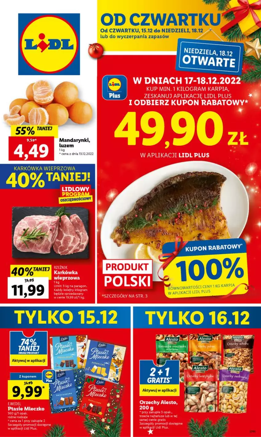 Gazetka promocyjna Lidl - GAZETKA - ważna 15.12 do 18.12.2022 - strona 1 - produkty: Karkówka wieprzowa, Mandarynki