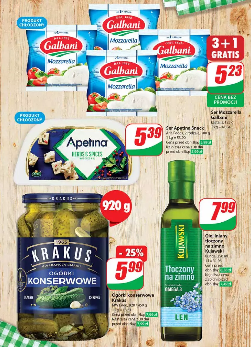 Gazetka promocyjna Dino - Gazetka 32 / 2024 - ważna 07.08 do 13.08.2024 - strona 17 - produkty: Galbani, Krakus, Kujawski, Mozzarella, Ogórki konserwowe, Olej, Olej iniany, Ser, Sos