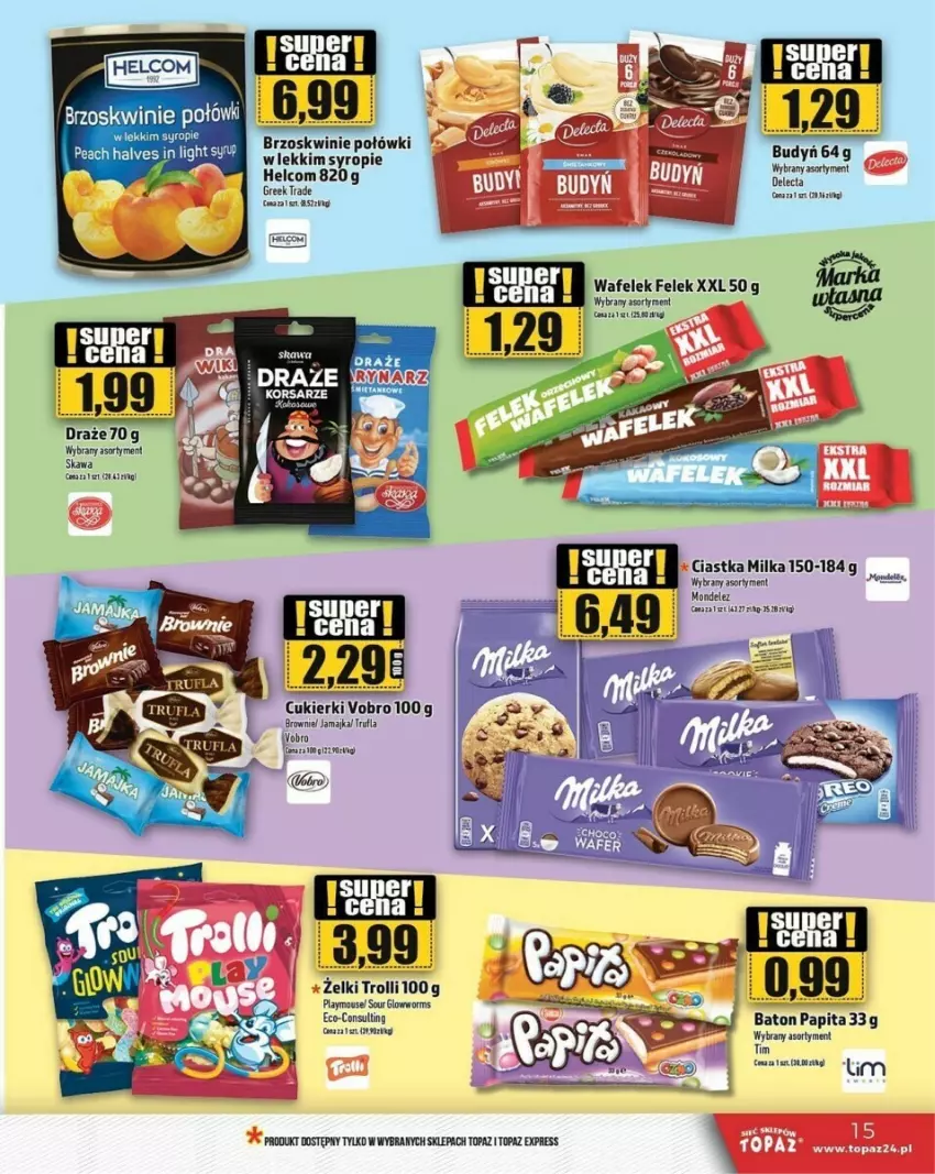 Gazetka promocyjna Topaz - ważna 08.02 do 14.02.2024 - strona 7 - produkty: Brownie, Brzoskwinie, Budyń, Ciastka, Cukier, Cukierki, Delecta, HELCOM, Kawa, Milka, Syrop, Top