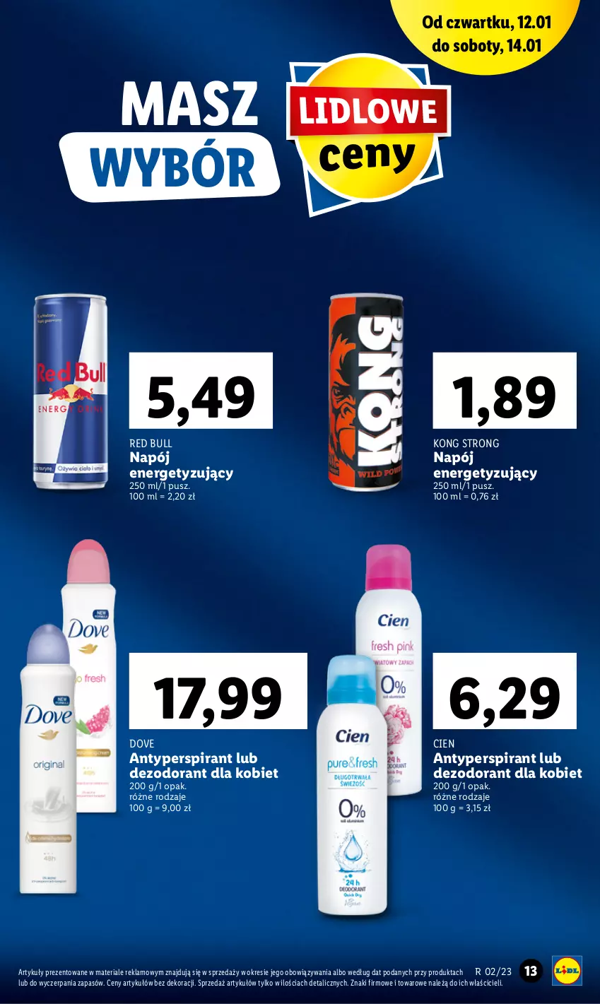 Gazetka promocyjna Lidl - GAZETKA - ważna 12.01 do 14.01.2023 - strona 13 - produkty: Antyperspirant, Dezodorant, Dove, Napój, Red Bull
