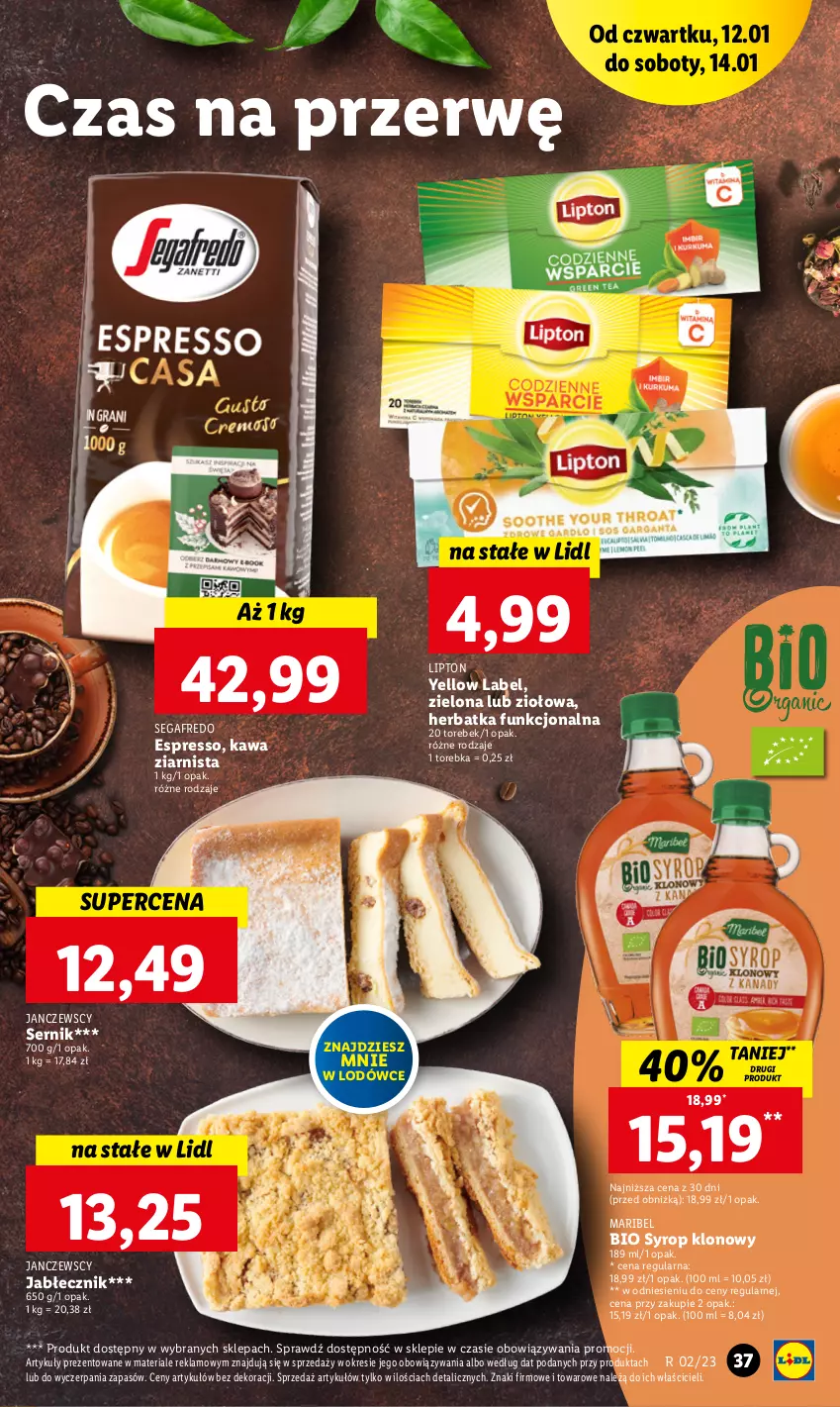 Gazetka promocyjna Lidl - GAZETKA - ważna 12.01 do 14.01.2023 - strona 39 - produkty: Kawa, Kawa ziarnista, Lipton, Segafredo, Ser, Syrop, Torebka