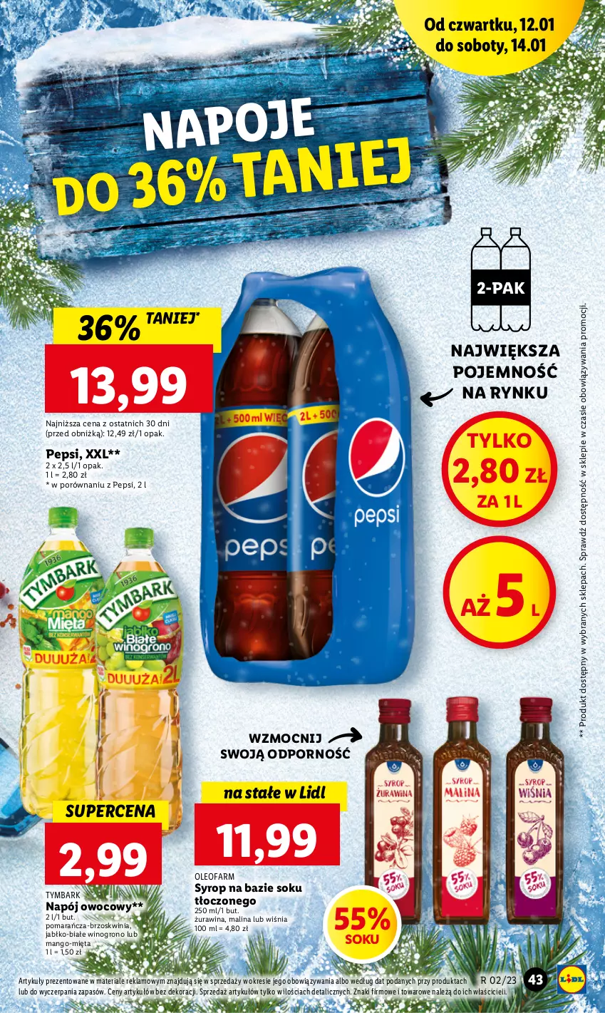 Gazetka promocyjna Lidl - GAZETKA - ważna 12.01 do 14.01.2023 - strona 45 - produkty: Fa, Mango, Mięta, Napój, Napoje, Oleo, Oleofarm, Pepsi, Por, Sok, Syrop, Tymbark, Wino