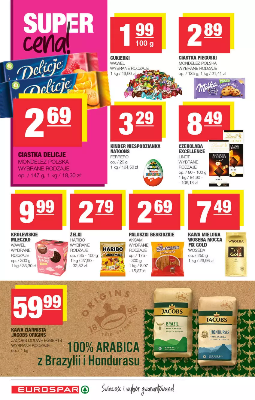 Gazetka promocyjna Spar - ważna 02.11 do 12.11.2021 - strona 12 - produkty: Aksam, Beskidzki, BIC, Ciastka, Cukier, Cukierki, Czekolada, Delicje, Ferrero, Gin, Haribo, Jacobs, Kawa, Kawa mielona, Kawa ziarnista, Kinder, Królewski, Lindt, Mleczko, Wawel, Woseba