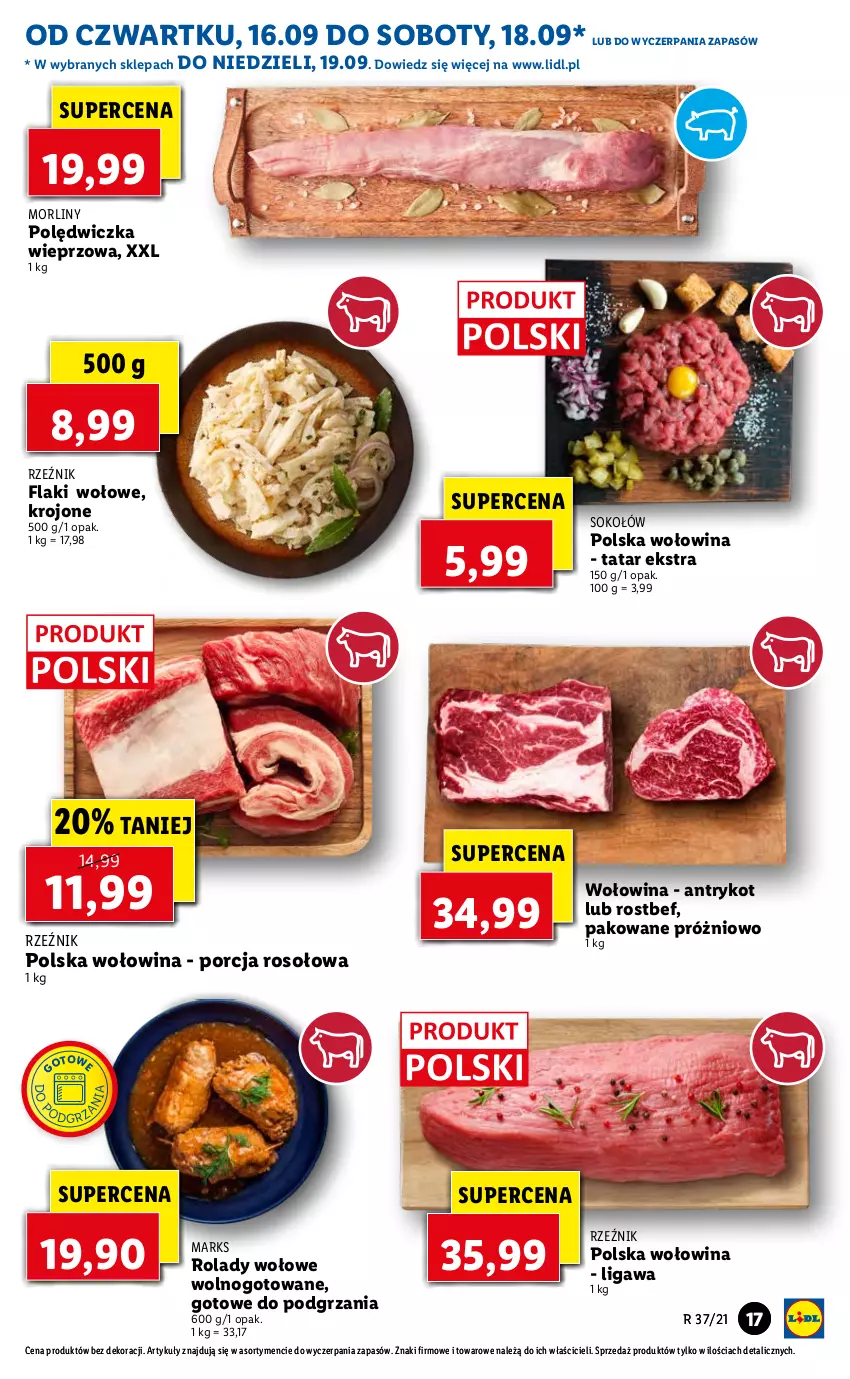 Gazetka promocyjna Lidl - GAZETKA - ważna 16.09 do 19.09.2021 - strona 17 - produkty: Flaki, Flaki wołowe, Morliny, Polędwiczka wieprzowa, Por, Rostbef, Sok, Sokołów, Wołowina