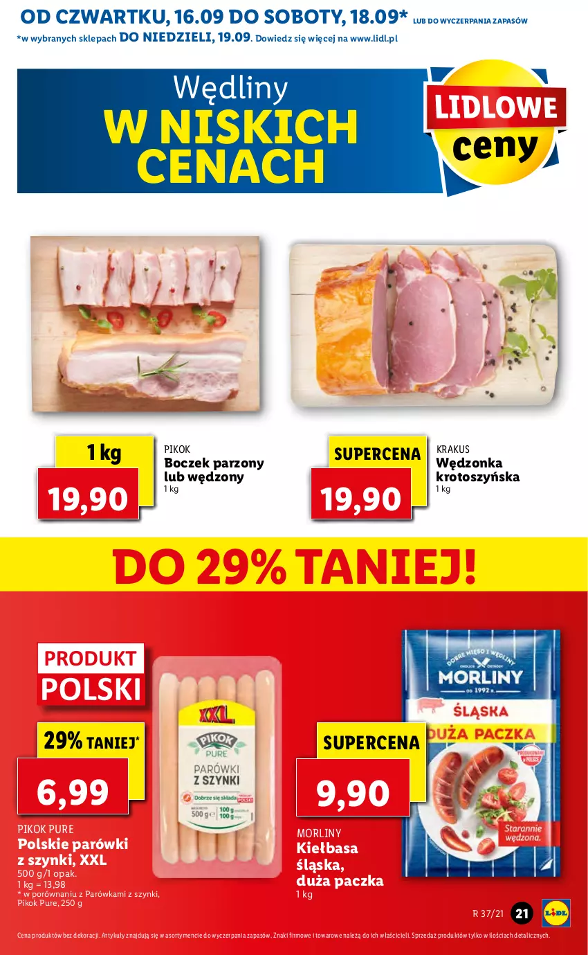 Gazetka promocyjna Lidl - GAZETKA - ważna 16.09 do 19.09.2021 - strona 21 - produkty: Boczek, Kiełbasa, Kiełbasa śląska, Krakus, Morliny, Parówki, Parówki z szynki, PIKOK, Por, Pur