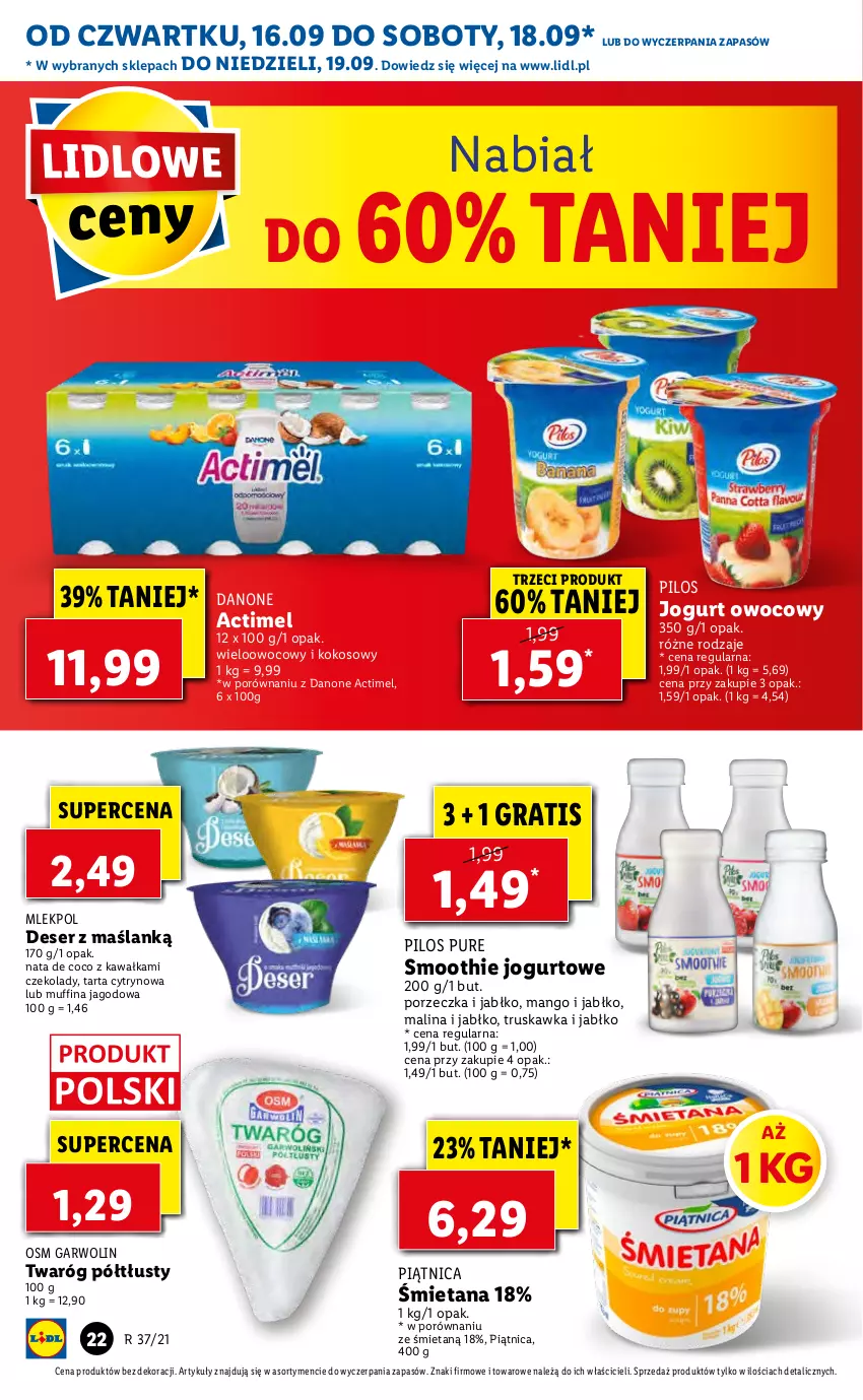 Gazetka promocyjna Lidl - GAZETKA - ważna 16.09 do 19.09.2021 - strona 22 - produkty: Actimel, Danone, Deser, Gra, Jogurt, Jogurt owocowy, Kawa, Kokos, Mango, Piątnica, Pilos, Por, Pur, Ser, Smoothie, Tarta, Twaróg, Twaróg półtłusty