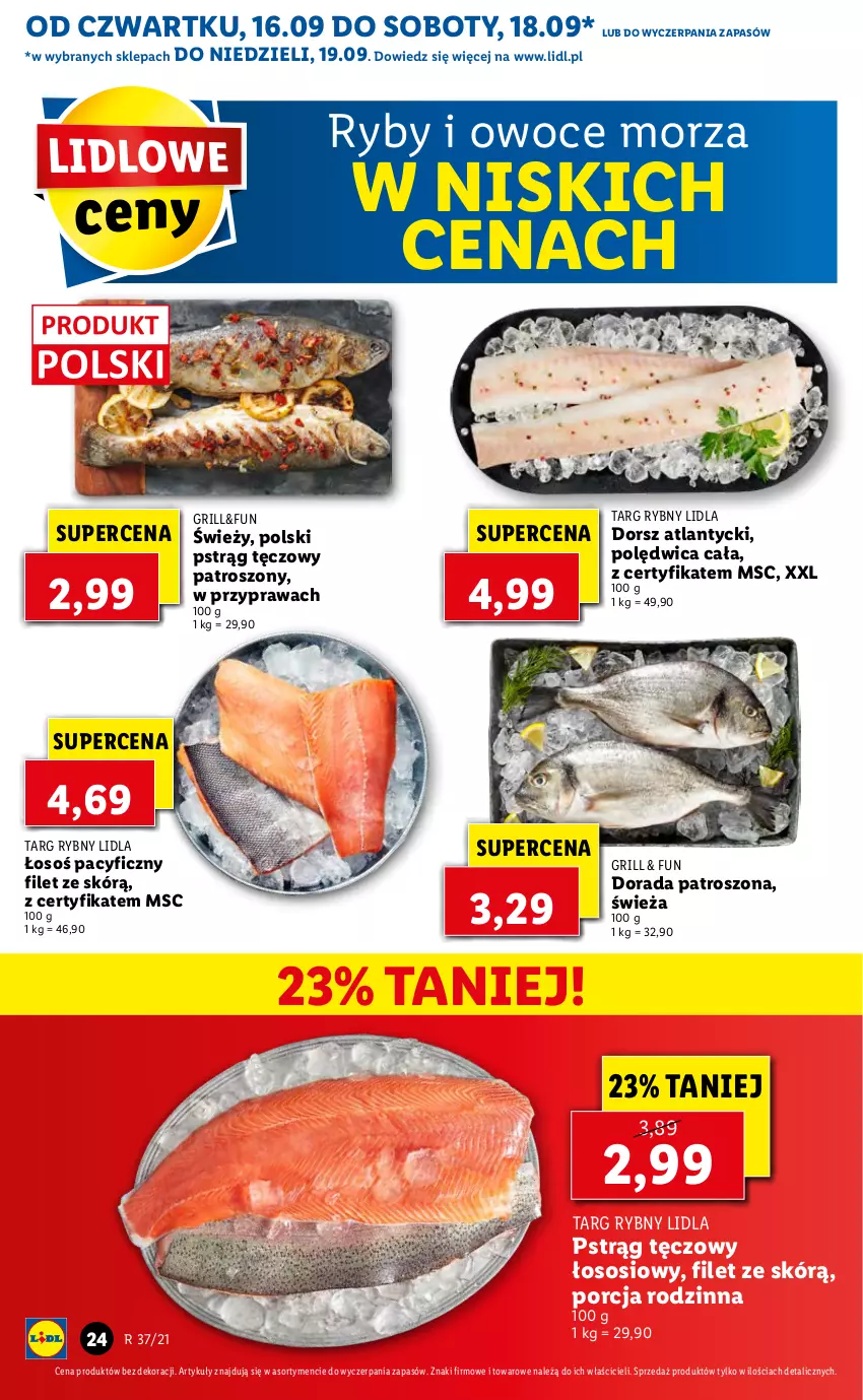 Gazetka promocyjna Lidl - GAZETKA - ważna 16.09 do 19.09.2021 - strona 24 - produkty: Dorsz, Grill, Owoce, Owoce morza, Polędwica, Por, Pstrąg, Pstrąg tęczowy, Ryby i owoce morza, Sos