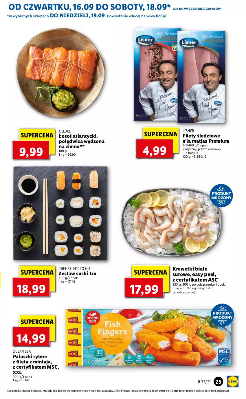 Gazetka promocyjna Lidl - GAZETKA - ważna 16.09 do 19.09.2021 - strona 25 - produkty: Bazyl, Bazylia, Krewetki, Lisner, Matjas, Mintaj, Paluszki rybne, Pieprz, Polędwica, Sushi