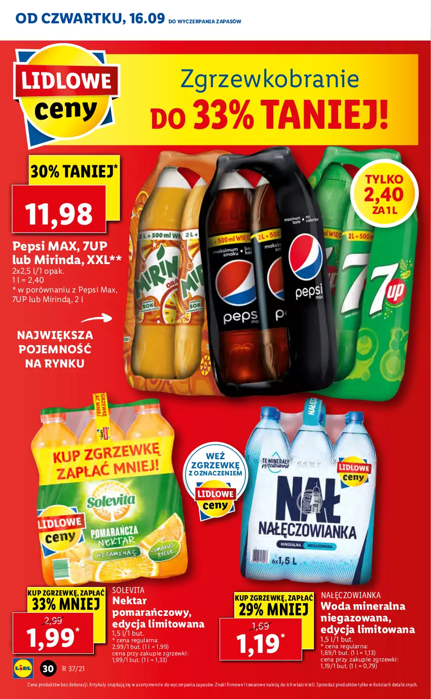 Gazetka promocyjna Lidl - GAZETKA - ważna 16.09 do 19.09.2021 - strona 30 - produkty: 7up, Mirinda, Nałęczowianka, Nektar, Pepsi, Pepsi max, Por, Woda, Woda mineralna