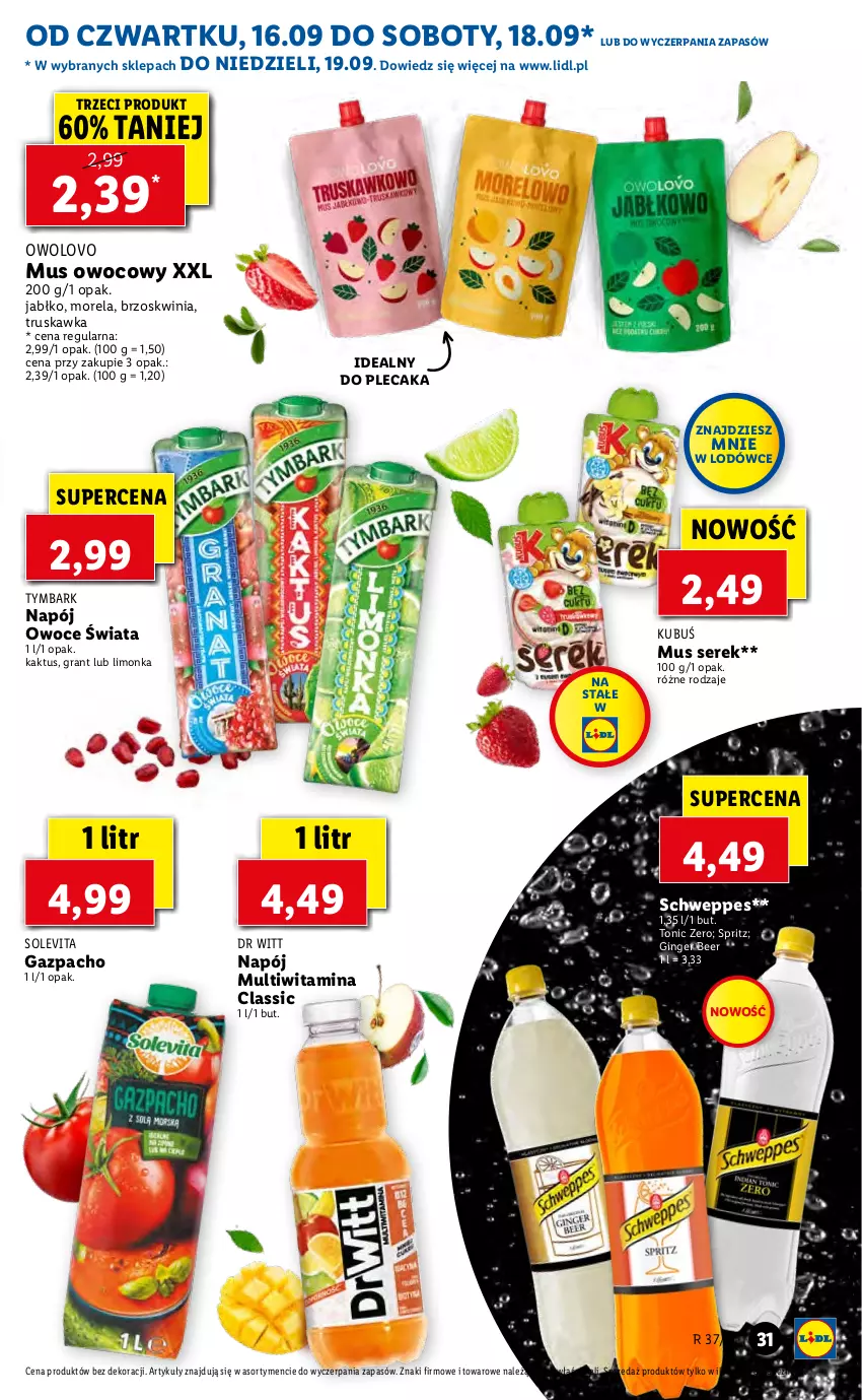 Gazetka promocyjna Lidl - GAZETKA - ważna 16.09 do 19.09.2021 - strona 31 - produkty: Gin, Gra, Kaktus, Kubuś, Limonka, Morela, Mus, Napój, Owoce, Plecak, Schweppes, Ser, Serek, Tymbark