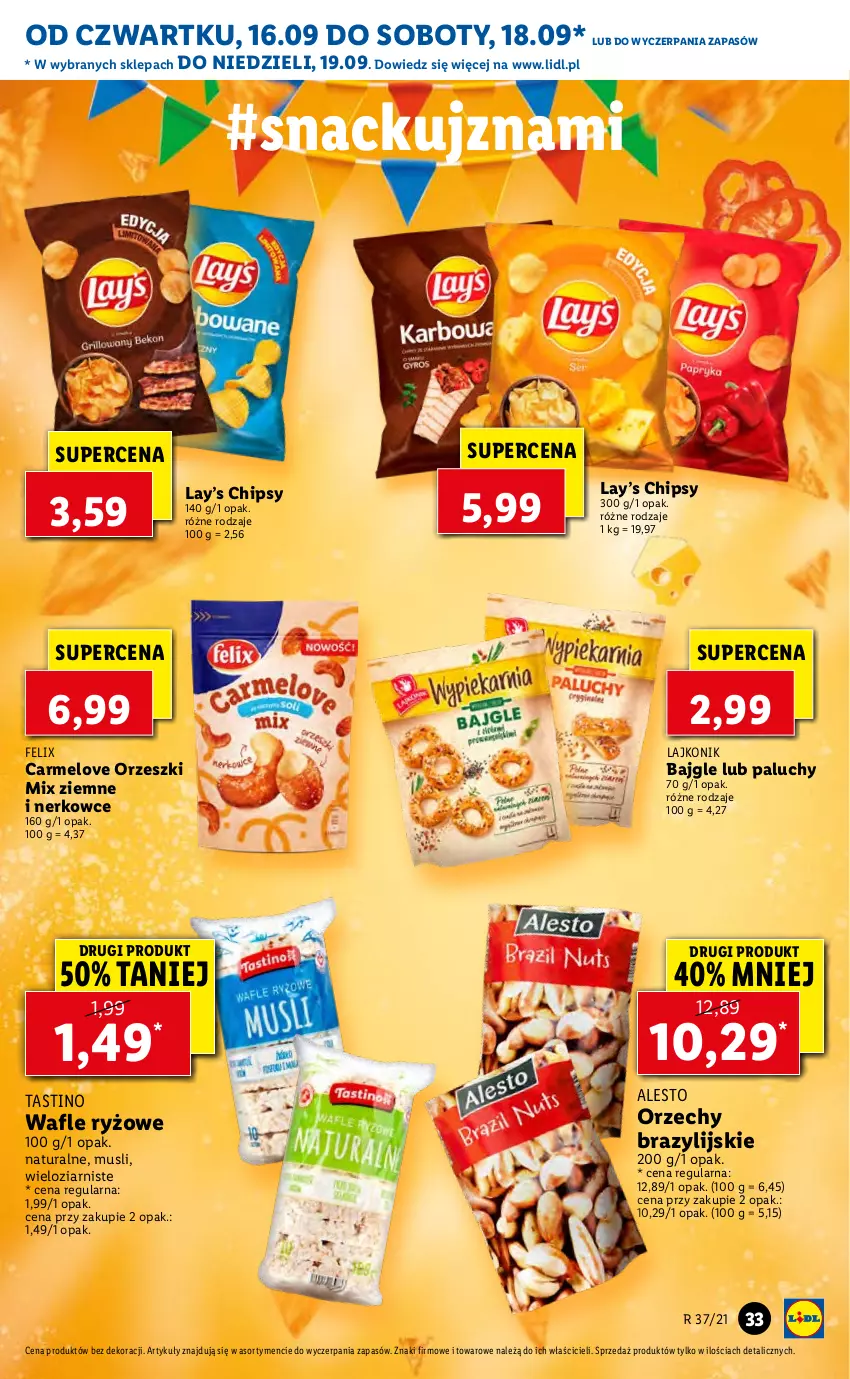 Gazetka promocyjna Lidl - GAZETKA - ważna 16.09 do 19.09.2021 - strona 33 - produkty: Bajgle, Chipsy, Felix, Lajkonik, Lay’s, Mus, Orzeszki, Ryż, Wafle