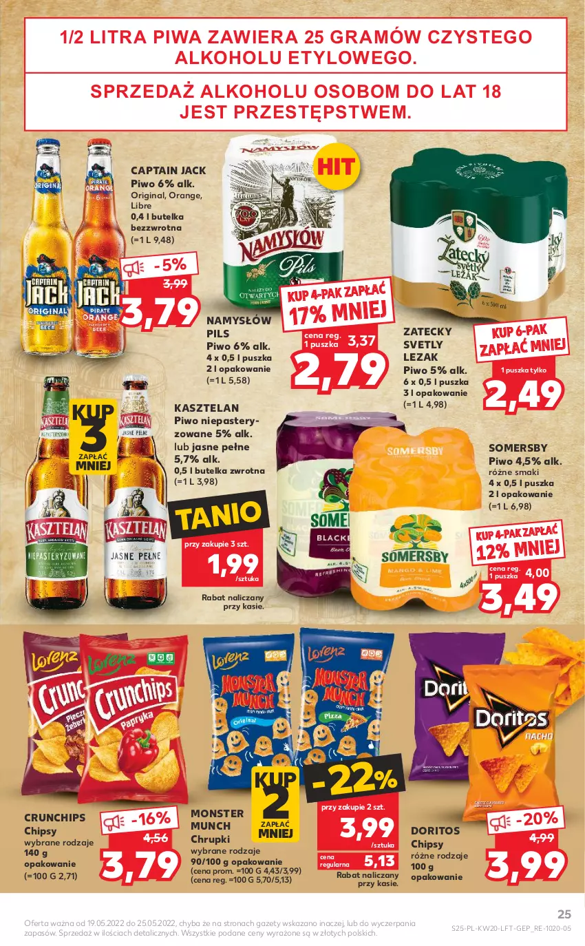 Gazetka promocyjna Kaufland - OFERTA TYGODNIA - ważna 19.05 do 25.05.2022 - strona 25 - produkty: Captain Jack, Chipsy, Chrupki, Crunchips, Gin, Gra, Kasztelan, Monster Munch, Namysłów, Piwa, Piwo, Somersby