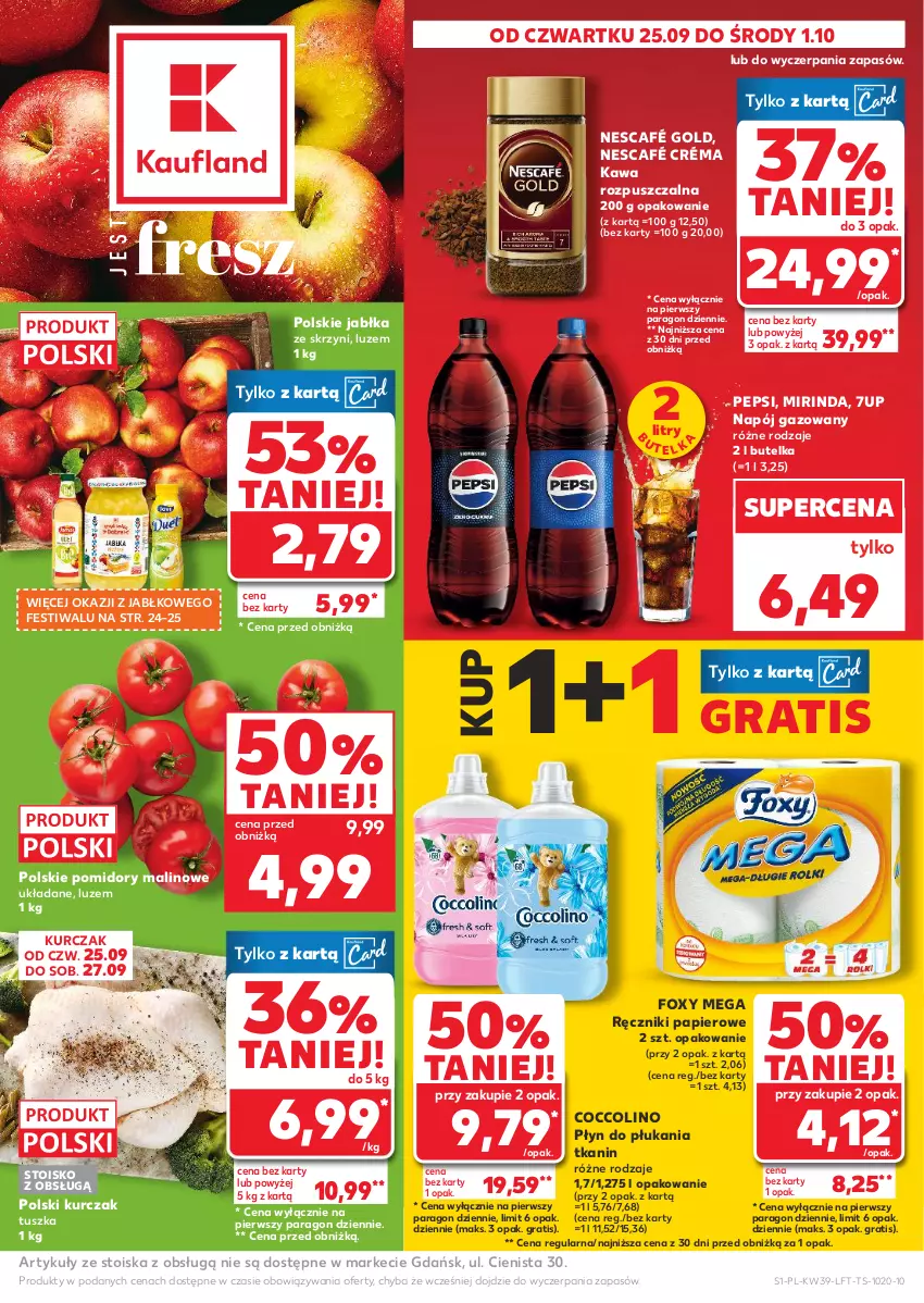 Gazetka promocyjna Kaufland - Gazetka tygodnia - ważna 25.09 do 01.10.2025 - strona 1 - produkty: 7up, Coccolino, Foxy, Gra, Jabłka, Kawa, Kawa rozpuszczalna, Kurczak, Mirinda, Napój, Napój gazowany, Nescafé, Papier, Pepsi, Płyn do płukania, Pomidory, Ręcznik, Ręczniki papierowe, Tusz