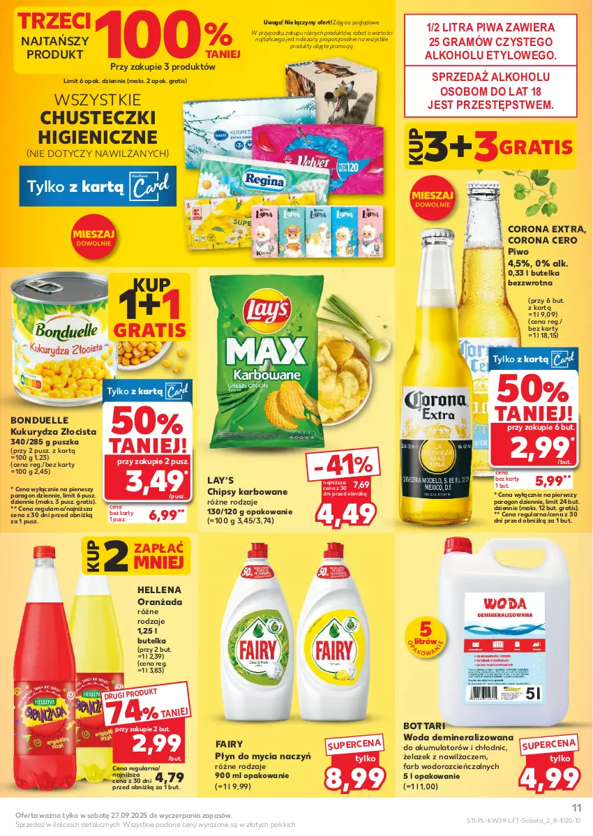 Gazetka promocyjna Kaufland - Gazetka tygodnia - ważna 25.09 do 01.10.2025 - strona 11 - produkty: Akumulator, Bonduelle, Chipsy, Chusteczki, Cień, Corona Extra, Do mycia naczyń, Fa, Fairy, Gra, Hellena, Kukurydza, Lay’s, Oranżada, Piwa, Piwo, Płyn do mycia, Płyn do mycia naczyń, Por, Waga, Woda