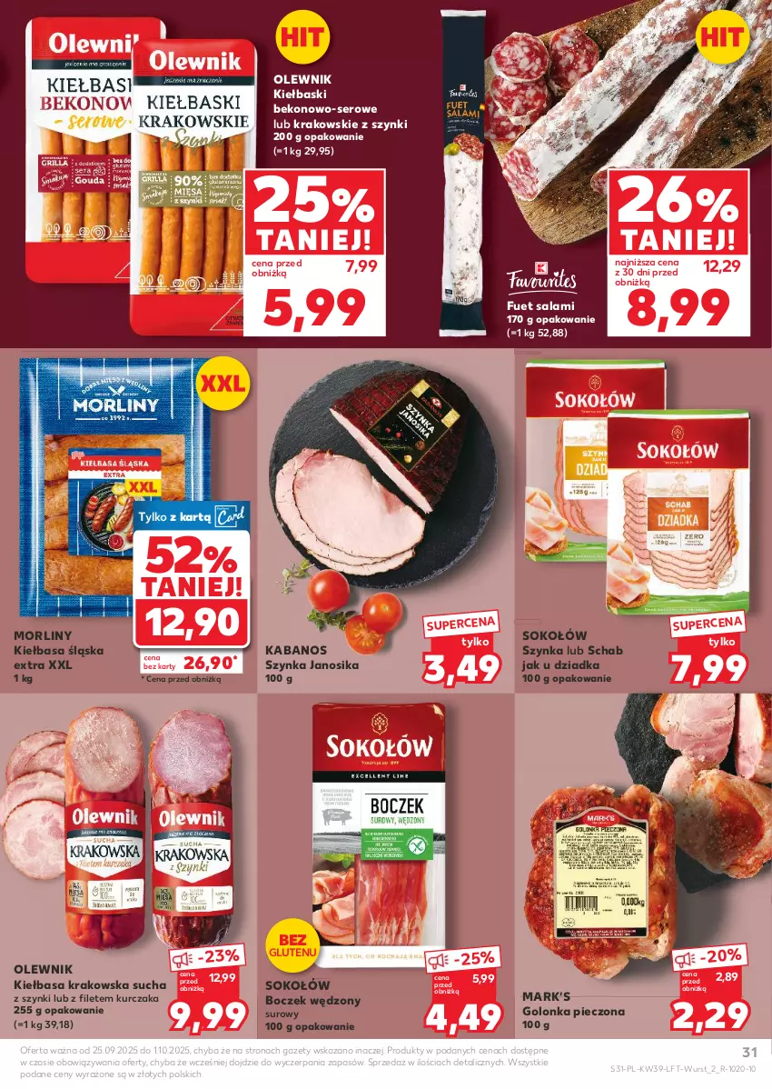 Gazetka promocyjna Kaufland - Gazetka tygodnia - ważna 25.09 do 01.10.2025 - strona 31 - produkty: Beko, Boczek, Golonka pieczona, Kabanos, Kiełbasa, Kiełbasa krakowska, Kiełbasa śląska, Kurczak, Morliny, Olewnik, Piec, Salami, Ser, Sok, Sokołów, Szynka