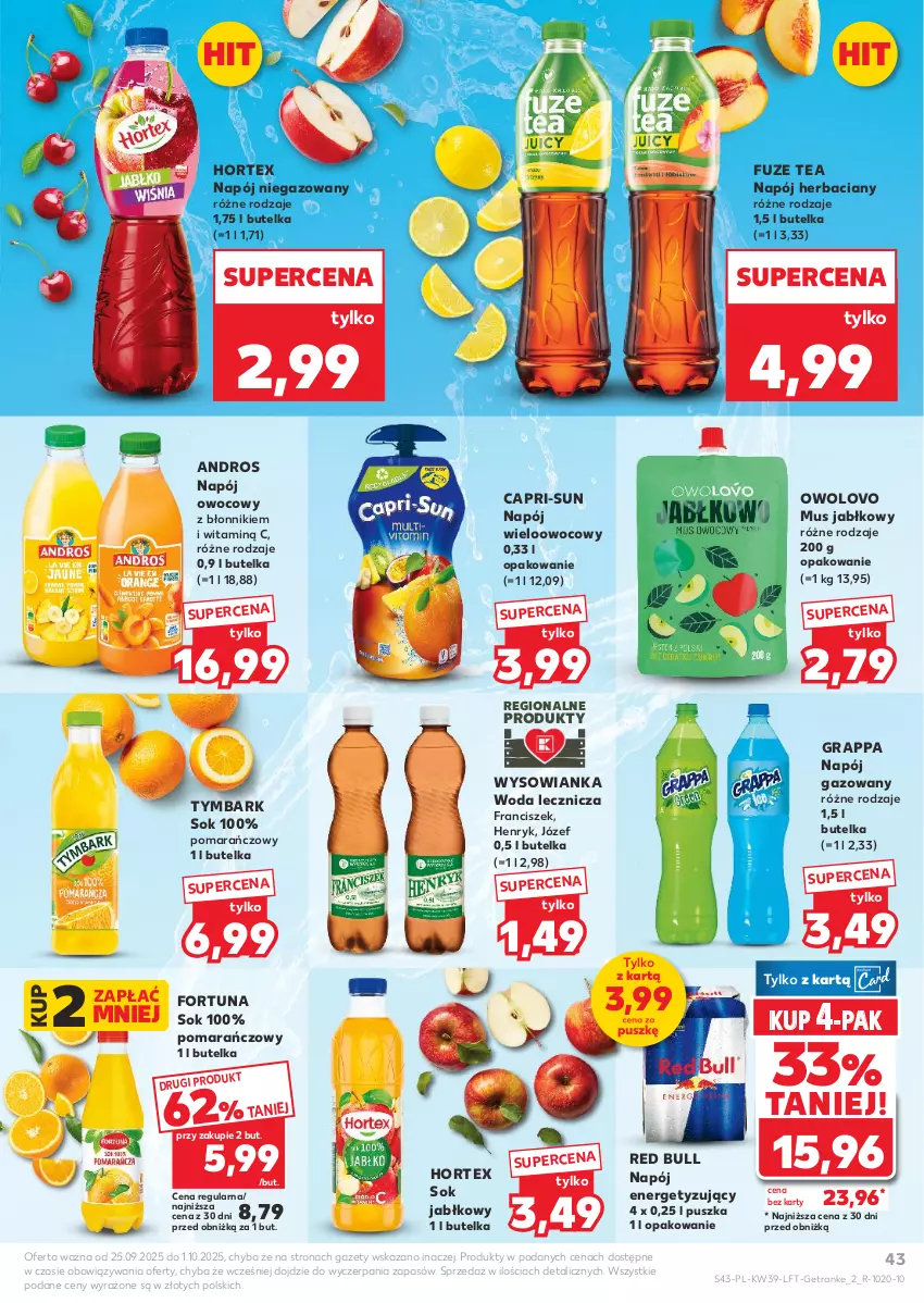 Gazetka promocyjna Kaufland - Gazetka tygodnia - ważna 25.09 do 01.10.2025 - strona 43 - produkty: Fortuna, Gra, Grappa, Hortex, Mus, Napój, Napój gazowany, Napój niegazowany, Red Bull, Sok, Sok jabłkowy, Tran, Tymbark, Woda, Znicz