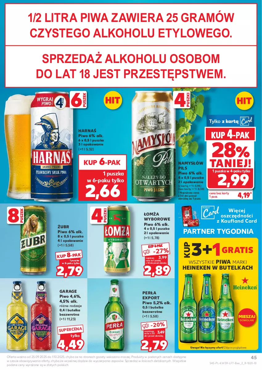 Gazetka promocyjna Kaufland - Gazetka tygodnia - ważna 25.09 do 01.10.2025 - strona 45 - produkty: Gra, Harnaś, Heineken, Namysłów, Perła, Piwa, Piwo, Por, Waga