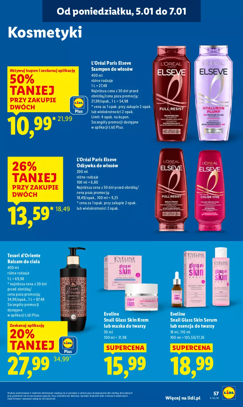 Gazetka promocyjna Lidl - GAZETKA - ważna 05.01 do 07.01.2026 - strona 59 - produkty: Balsam do ciała, Elseve, Eveline, L’Oréal, Maska, Maska do twarzy, Odżywka, Rum, Ser, Serum, Szampon