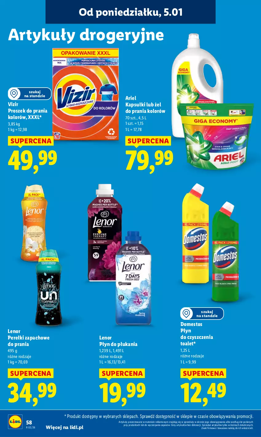 Gazetka promocyjna Lidl - GAZETKA - ważna 05.01 do 07.01.2026 - strona 60 - produkty: Ariel, Domestos, Lenor, Perełki zapachowe, Płyn do płukania, Proszek do prania, Vizir