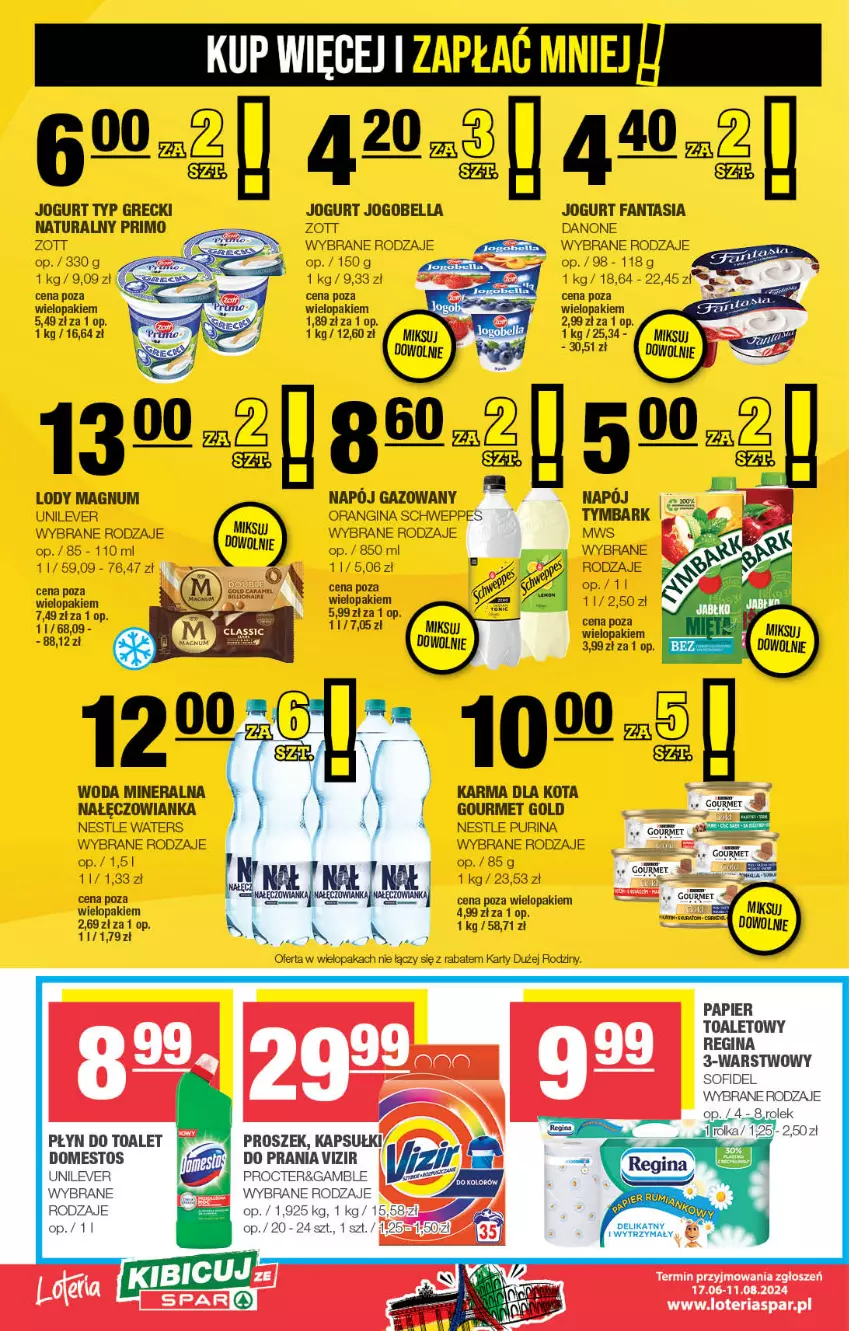 Gazetka promocyjna Spar - Spar - ważna 14.07 do 24.07.2024 - strona 6 - produkty: Bell, Bella, Danone, Fa, Fanta, Gin, Gourmet Gold, Jogobella, Jogurt, Lody, Nałęczowianka, Napój, Napój gazowany, Pur, Purina, Woda, Woda mineralna, Zott