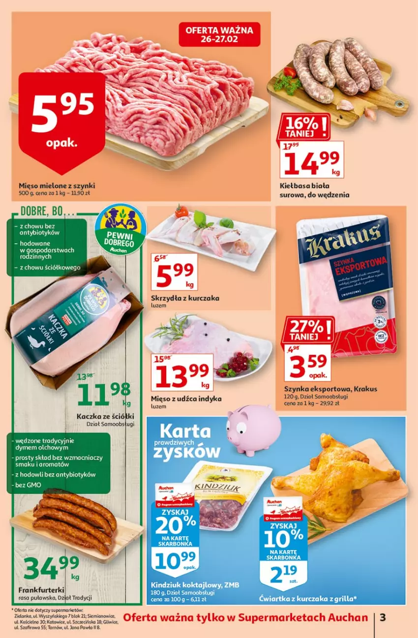 Gazetka promocyjna Auchan - Uroda Supermarkety - ważna 26.02 do 03.03.2021 - strona 3 - produkty: Anew, Fa, Frankfurterki, Grill, Kaczka, Kiełbasa, Kiełbasa biała, Kindziuk, Krakus, Kurczak, Mięso, Mięso mielone, Mięso mielone z szynki, Por, Sport, Szynka