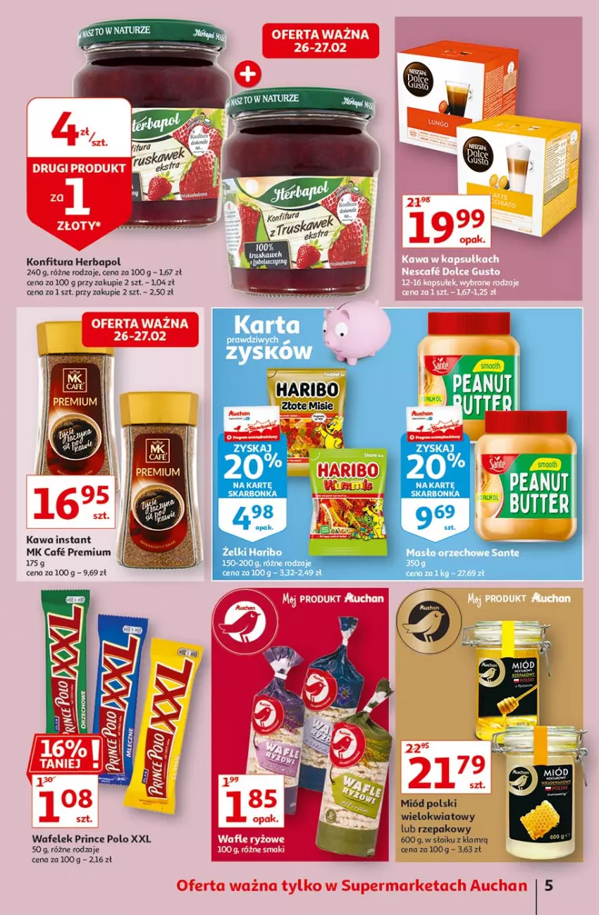 Gazetka promocyjna Auchan - Uroda Supermarkety - ważna 26.02 do 03.03.2021 - strona 5 - produkty: Haribo, Herbapol, Kawa, Konfitura, Masło, Masło orzechowe, Miód, Mus, Prince Polo, Ryż, Sante, Wafelek, Wafle