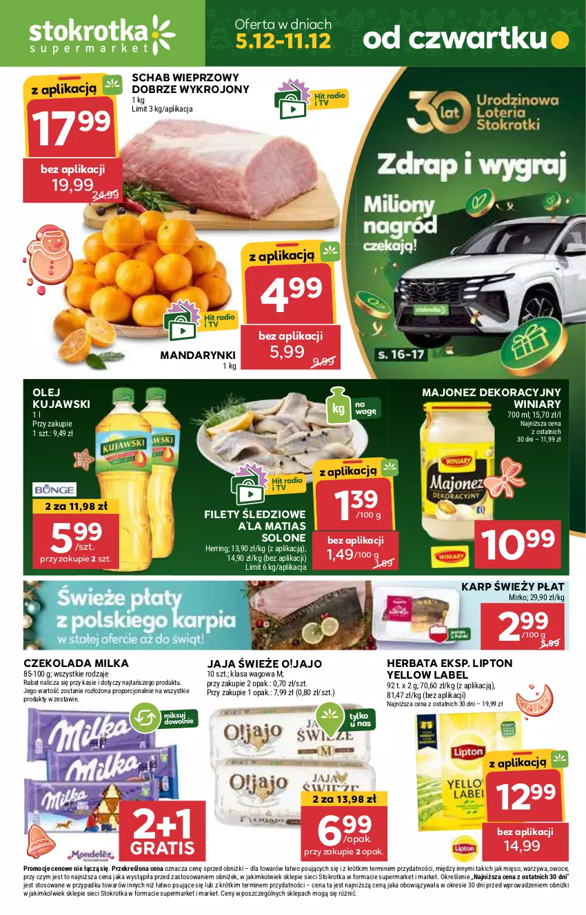 Gazetka promocyjna Stokrotka - Supermarket - ważna 05.12 do 11.12.2024 - strona 1 - produkty: Czekolada, Gra, Herbata, Jaja, Karp, Kujawski, Lipton, Majonez, Mandarynki, Mięso, Milka, Olej, Owoce, Por, Schab wieprzowy, Warzywa, Winiary