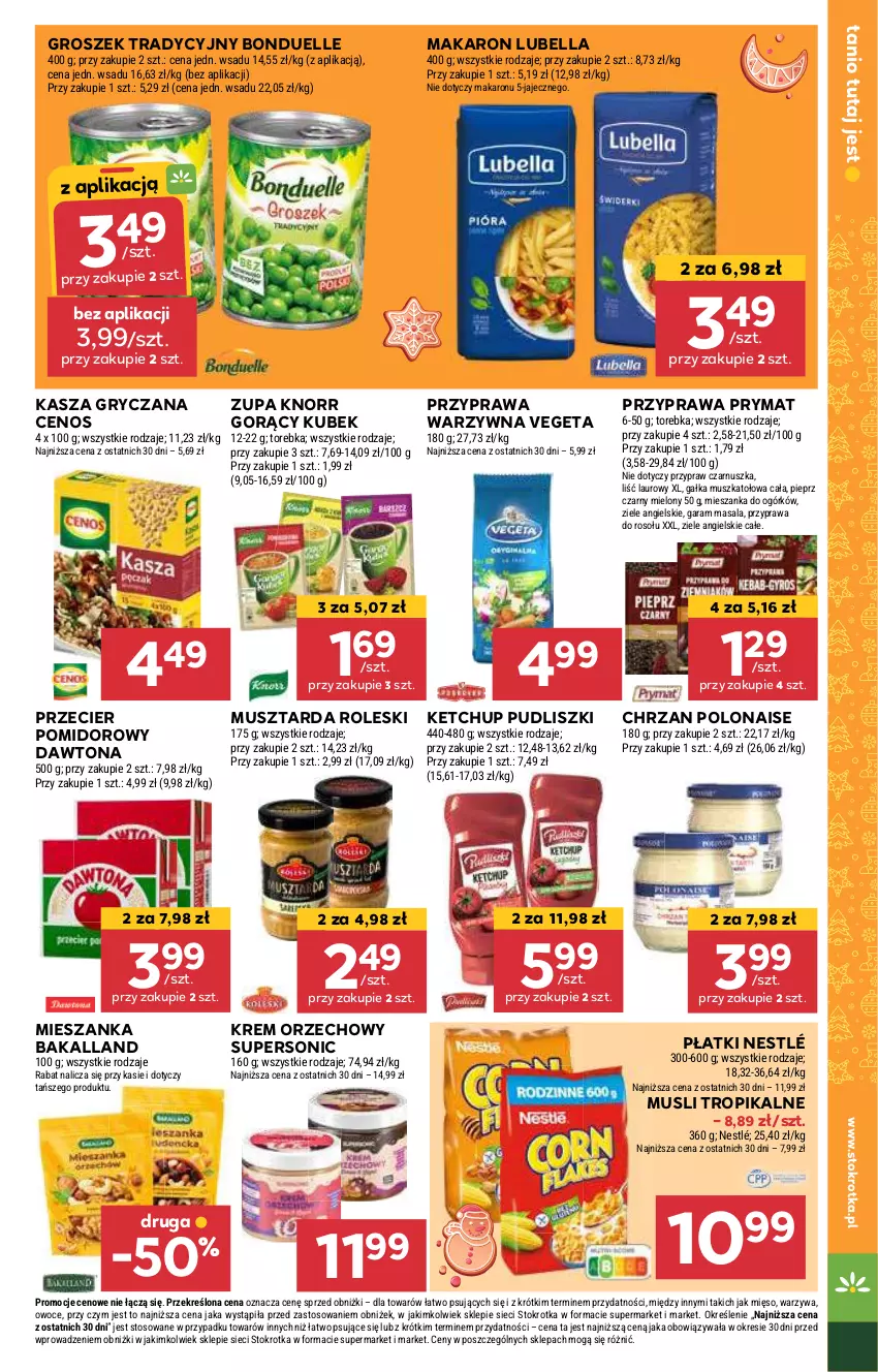 Gazetka promocyjna Stokrotka - Supermarket - ważna 05.12 do 11.12.2024 - strona 19 - produkty: Bakalland, Bell, Bella, Bonduelle, Cenos, Chrzan, Dawtona, Gałka, Groszek, Gry, Kasza, Kasza gryczana, Ketchup, Knorr, Krem orzechowy, Kubek, Laur, Lubella, Makaron, Mięso, Mus, Musztarda, Nestlé, Owoce, Pieprz, Prymat, Przyprawa do rosołu, Pudliszki, Torebka, Vegeta, Warzywa, Ziele angielskie, Zupa