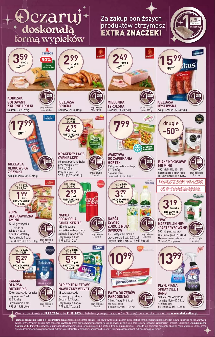 Gazetka promocyjna Stokrotka - Supermarket - ważna 05.12 do 11.12.2024 - strona 40 - produkty: Cillit Bang, Coca-Cola, Fa, Fanta, Gra, Hortex, Kasztelan, Kiełbasa, Kiełbasa głogowska, Kokos, Krakersy, Krakus, Kurczak, Kurczak gotowany, Lay’s, Mielonka tyrolska, Mięso, Morliny, Napój, Owoce, Papier, Papier toaletowy, Parodontax, Pasta do zębów, Piwa, Piwo, Sok, Sokołów, Sprite, Velvet, Warzywa, Zupa