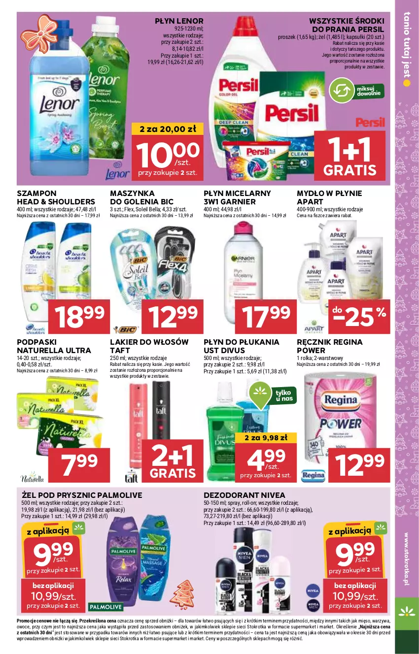 Gazetka promocyjna Stokrotka - Supermarket - ważna 05.12 do 11.12.2024 - strona 41 - produkty: Bell, Bella, BIC, Dezodorant, Garnier, Gin, Gra, Lakier, Lakier do włosów, Lenor, Maszynka, Maszynka do golenia, Mięso, Mydło, Mydło w płynie, Naturell, Naturella, Nivea, Owoce, Palmolive, Persil, Płyn do płukania, Płyn micelarny, Podpaski, Por, Ręcznik, Szampon, Szynka, Taft, Warzywa