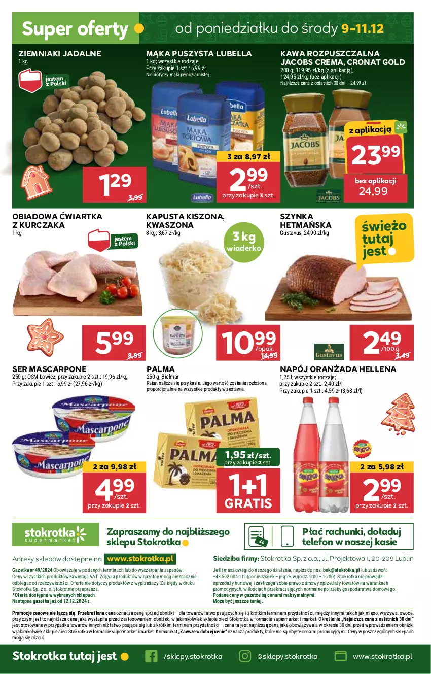 Gazetka promocyjna Stokrotka - Supermarket - ważna 05.12 do 11.12.2024 - strona 48 - produkty: Bell, Bella, Dres, Gra, Hellena, Jacobs, JBL, Kawa, Kawa rozpuszczalna, Kurczak, Lubella, Mąka, Mascarpone, Mięso, Napój, O nas, Oranżada, Owoce, Palma, Por, Ser, Szynka, Telefon, Wagi, Warzywa, Ziemniaki