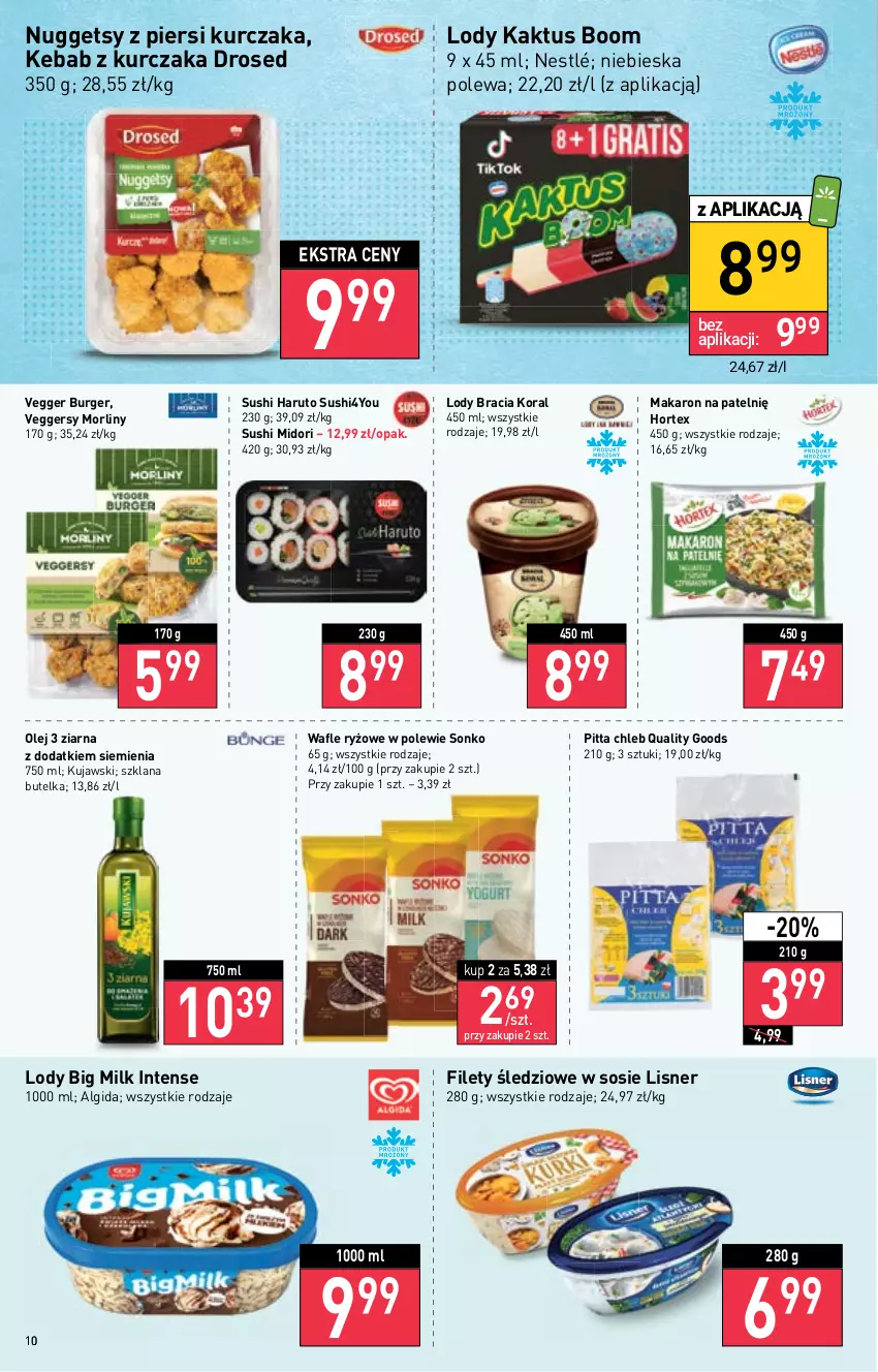 Gazetka promocyjna Stokrotka - Supermarket - ważna 01.09 do 07.09.2022 - strona 10 - produkty: Algida, Big Milk, Burger, Chleb, Gra, Hortex, Kaktus, Kebab, Kebab z kurczaka, Kujawski, Kurczak, LANA, LG, Lisner, Lody, Makaron, Morliny, Nestlé, Olej, Piwa, Ryż, Sonko, Sos, Sushi, Wafle