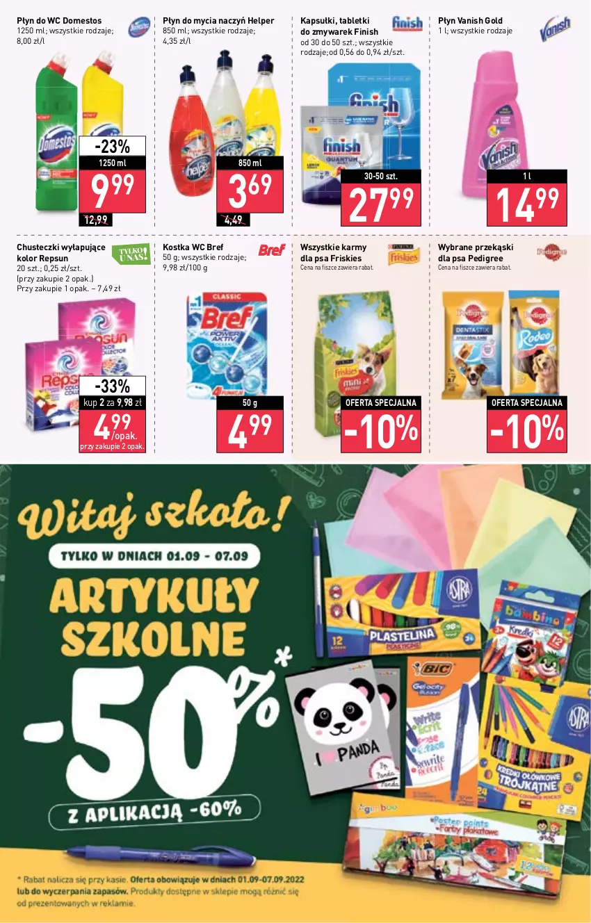 Gazetka promocyjna Stokrotka - Supermarket - ważna 01.09 do 07.09.2022 - strona 14 - produkty: Bref, Chusteczki, Do mycia naczyń, Domestos, Finish, Friskies, Pedigree, Płyn do mycia, Płyn do mycia naczyń, Płyn do wc, Przekąski dla psa, Tablet, Vanish, Vanish Gold